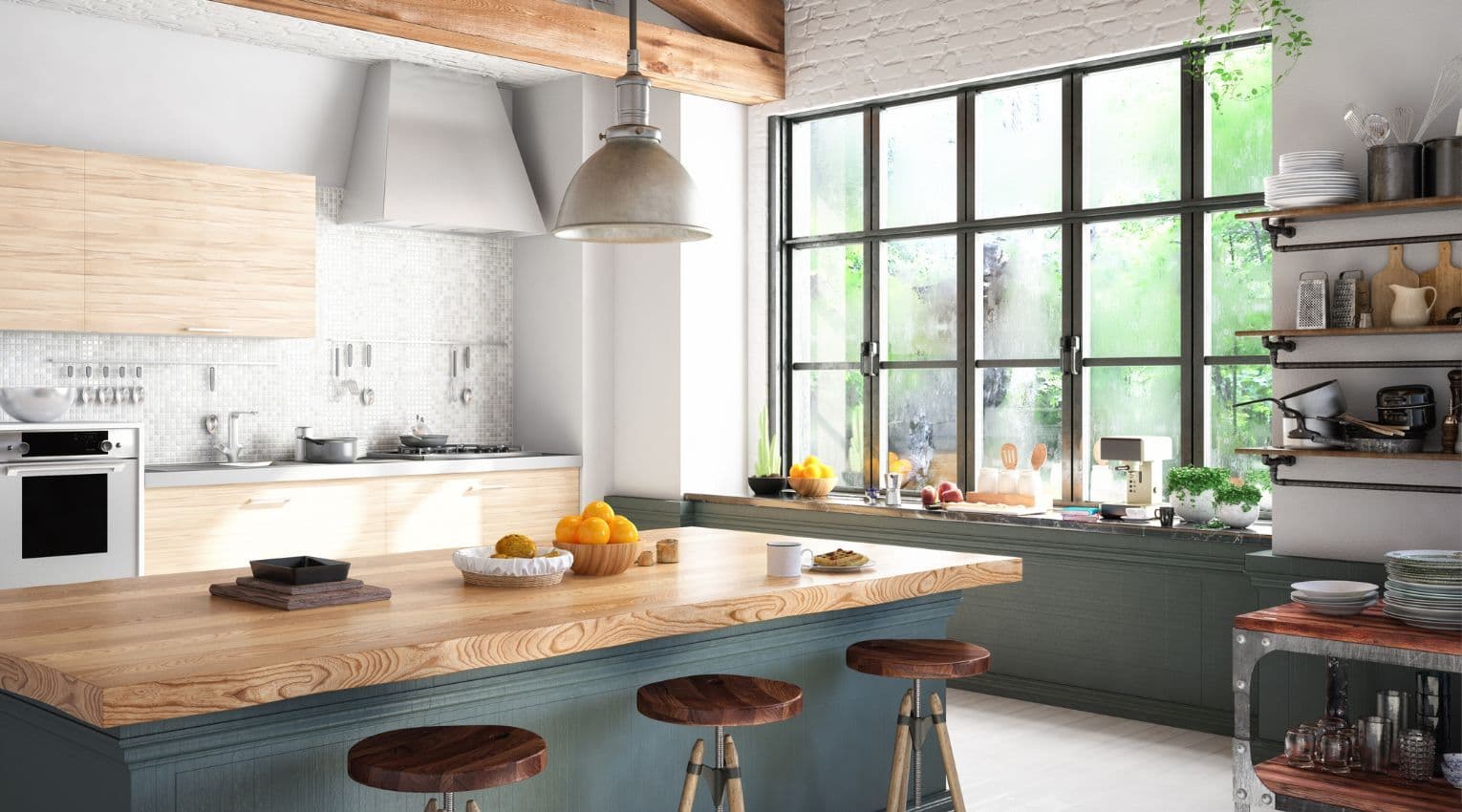 kitchen with wood counters, green cabinets, large windows