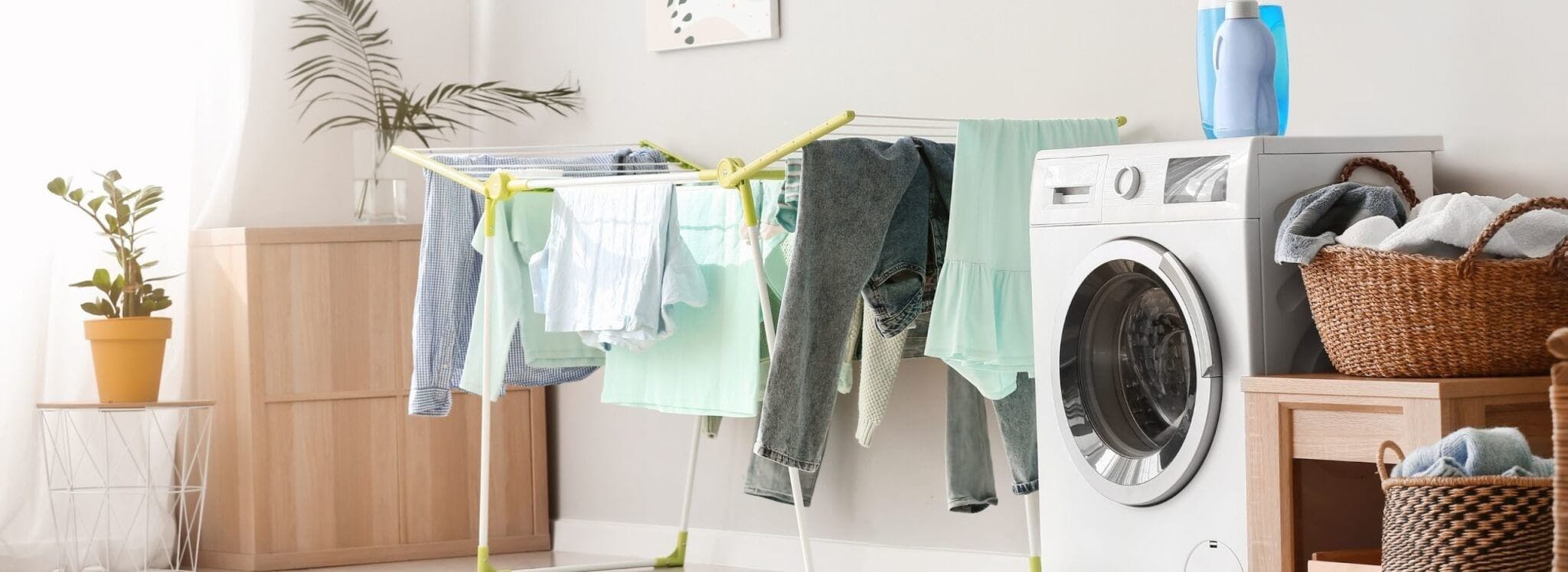 clothes hanging in laundry room