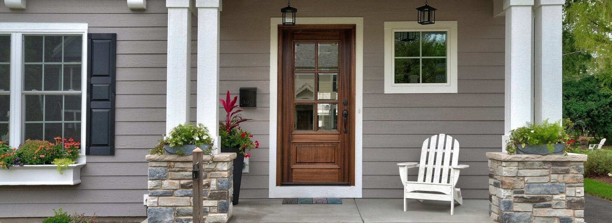 front porch with wood front door